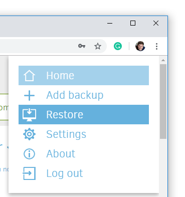 Screenshot: Duplicati restore menu item