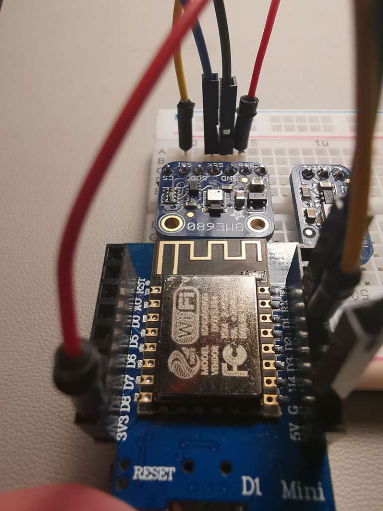 Wemos D1 Mini and the Adafruit BME680 wired up. (diffrent angle)