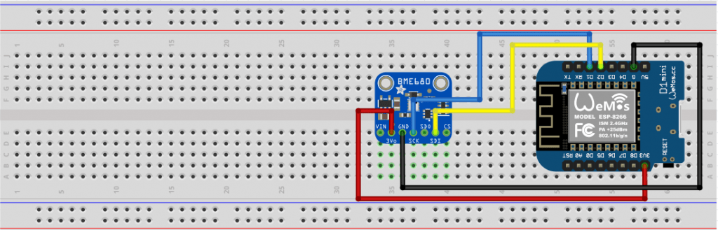 Schematic of the Adafruit BME680 and the Wemos D1 Mini