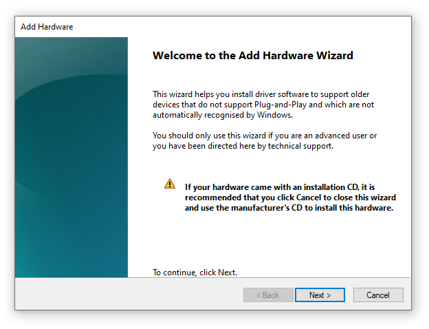 Windows add hardware wizard