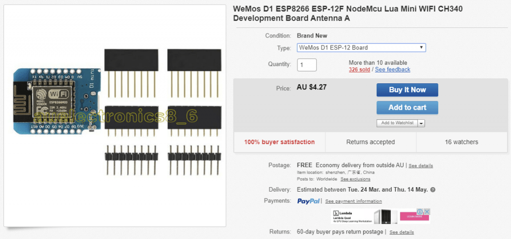 Ebay listing for WeMos D1 Mini (ESP8266) from CHina for $4.27 AUD
