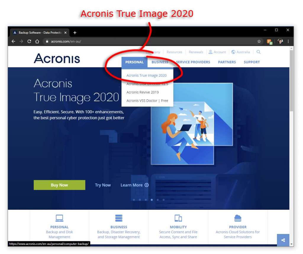 Acronis True Image 2020 Download Menu at acronis dot com