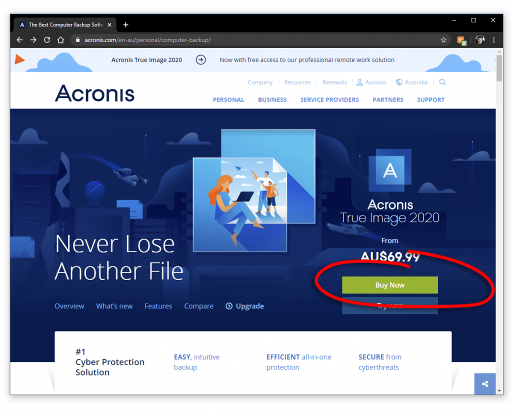 Acronis True Image 2020 buy now button at acronis dot com