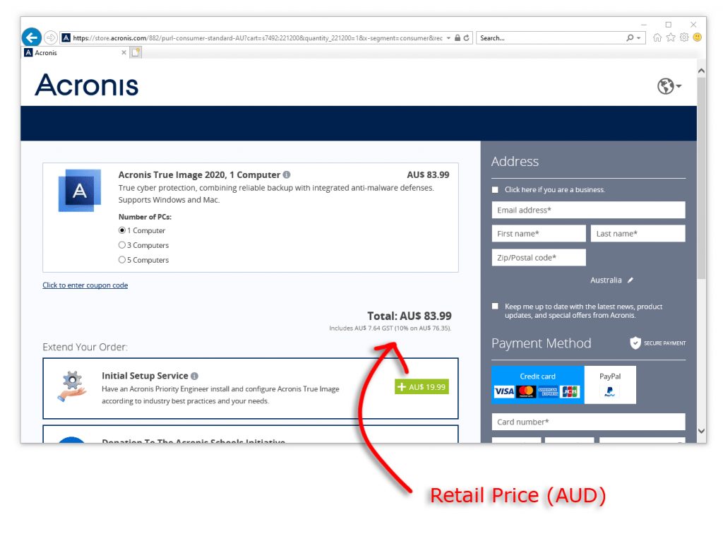 Acronis True Image 2020 was $83.99 AUD at acronis dot com