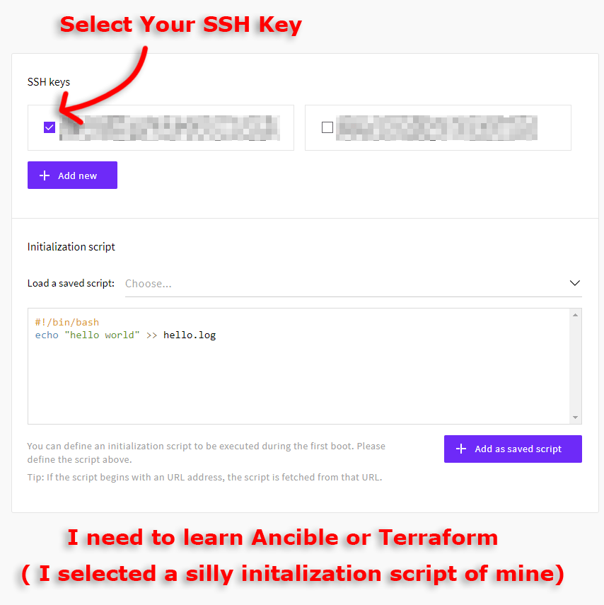 Select SSH Key and choose an init script