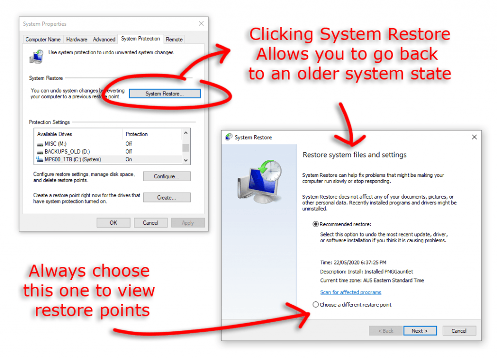 Restore a restore point screenshot