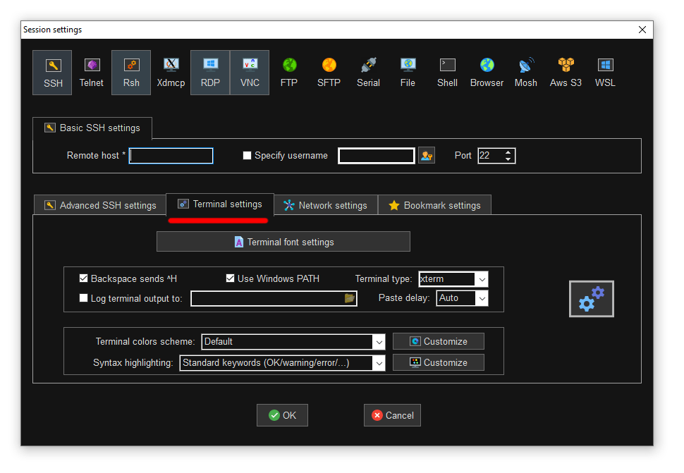 Other settings dialog
