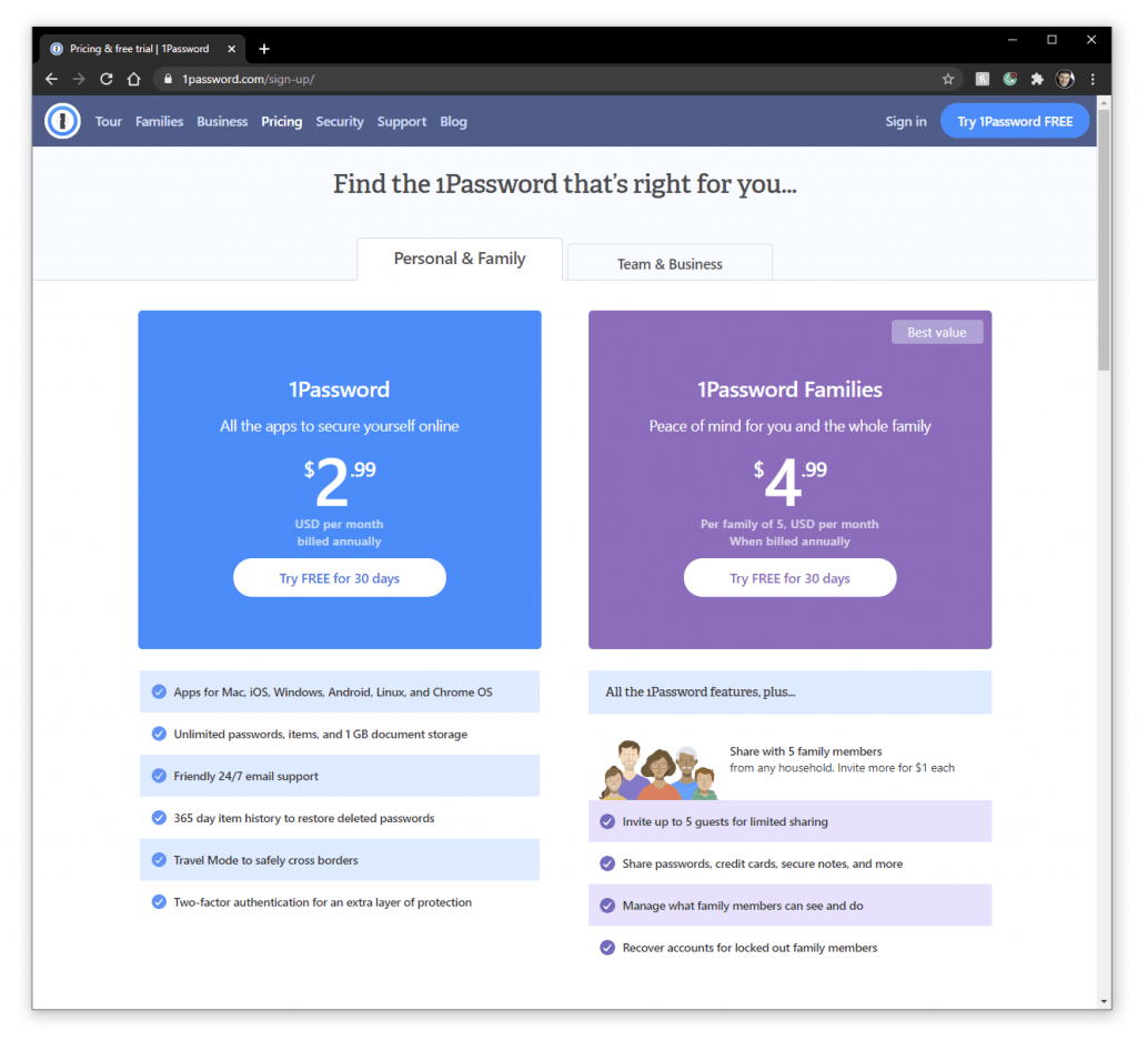 1password pricing page