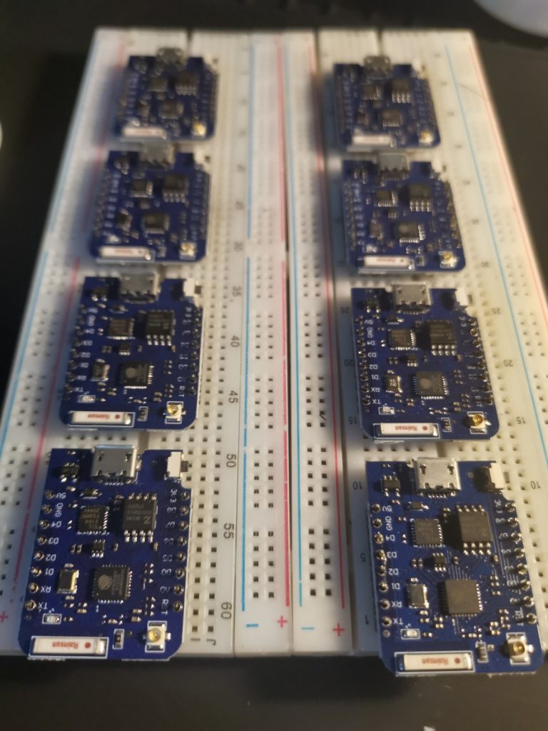 WeMos installed on breadboards ready to solder pins