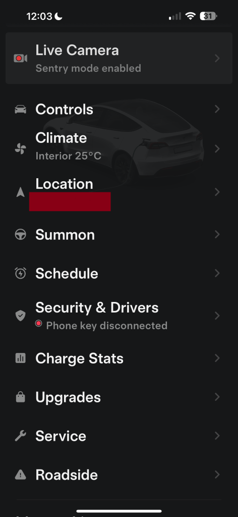 Tesla Mobile App Main Menu